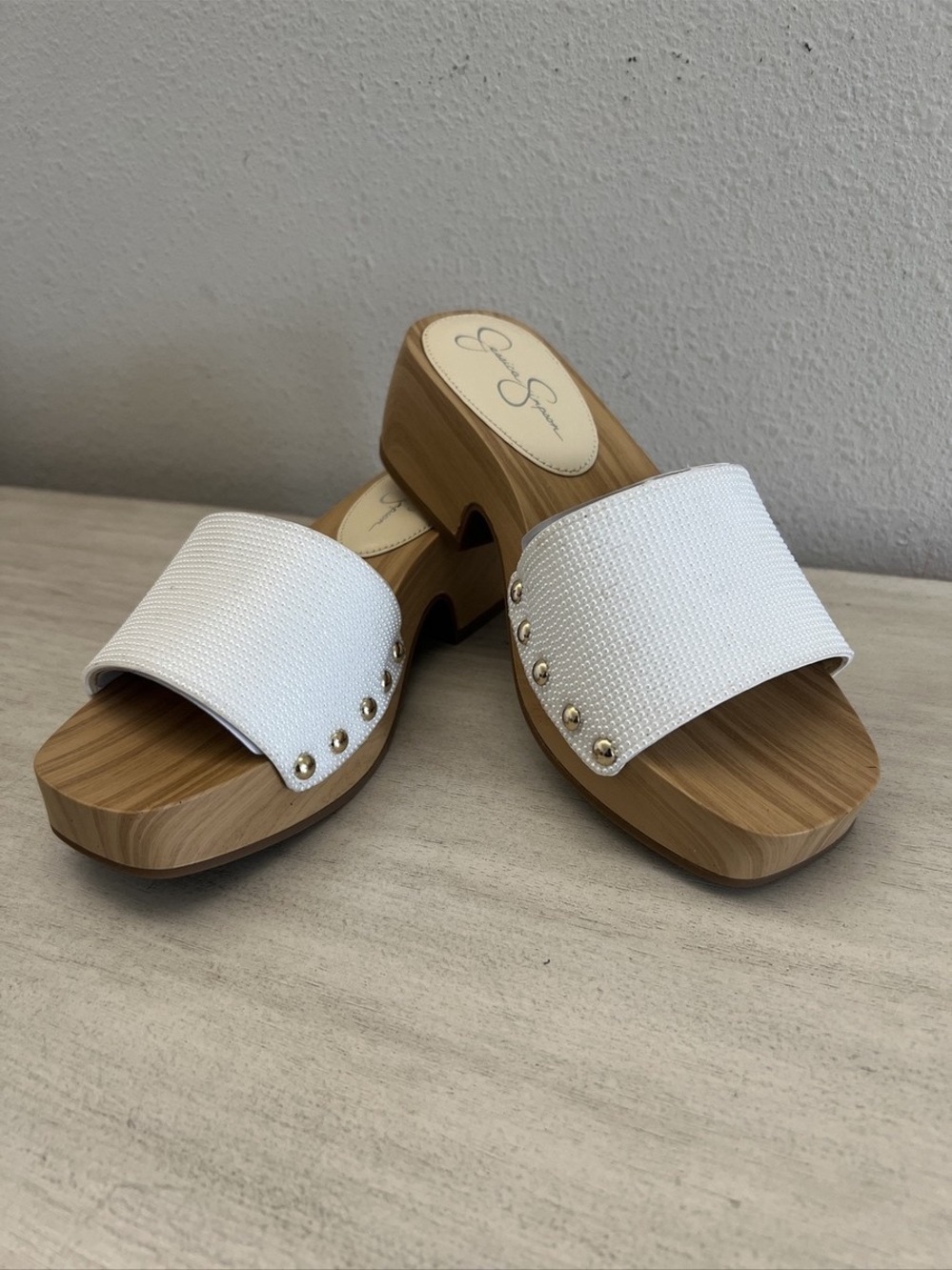 Jessica Simpson Rexile Wood Platform Slide Sandals White Womens Size 9 Mule